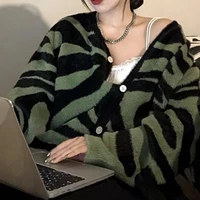 deeptown korean style zebra printed oversize green sweater cardigan women harajuku v neck knitted long sleeve jumper female top
