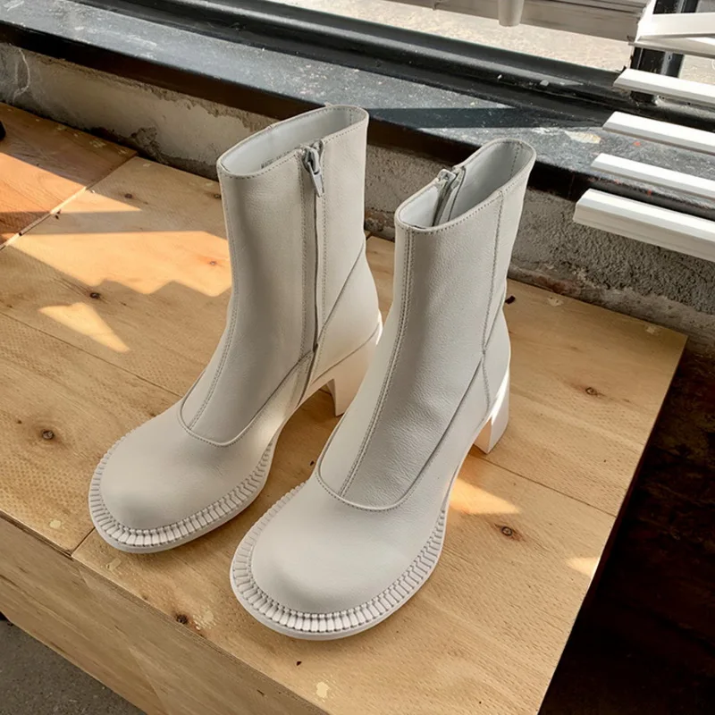 Ботильоны женские кожаные с круглым носком ботинки челси на молнии сбоку модная