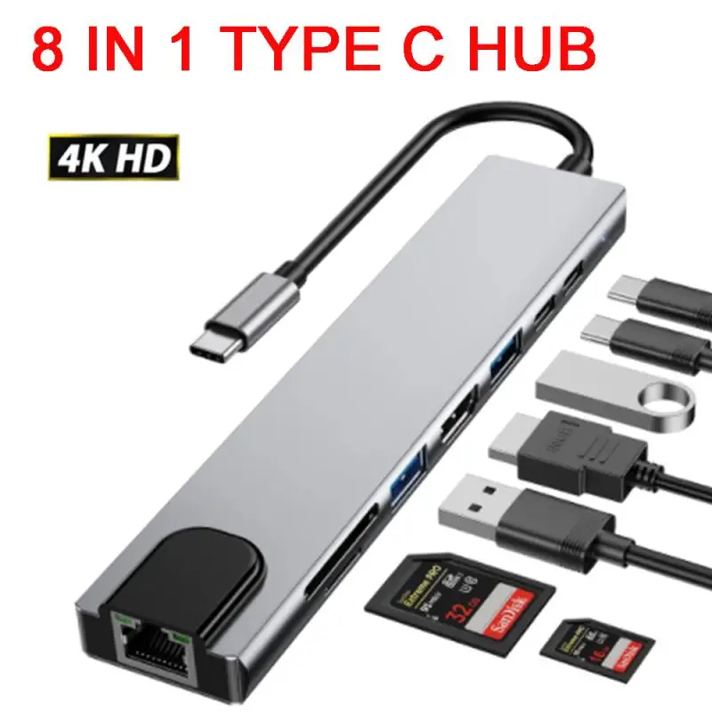 

USB-концентратор типа C 3,0 на 4K HDMI-совместимый RJ45 USB SD/TF кардридер PD Быстрая зарядка 8 в 1 USB-порт для MacBook Air Pro ПК концентратор