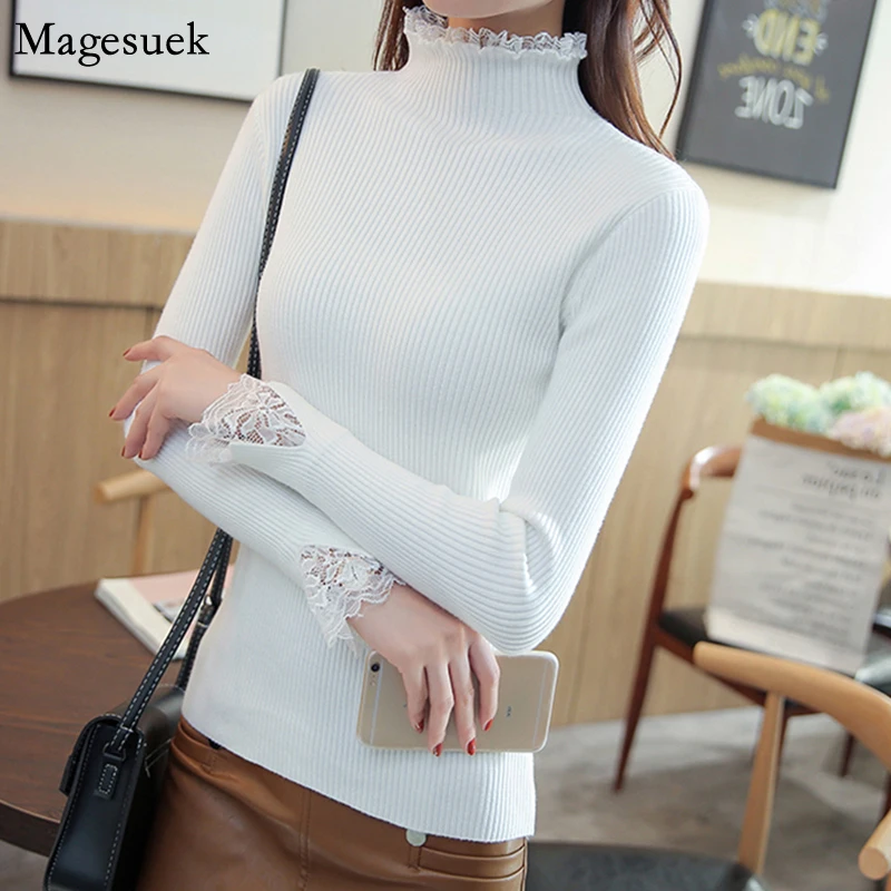 

2021 New Autumn Winter Solid Long Sleeve Sweater Women Lace Casual Knitted Sweater Women Slim Pullovers Woman Sweaters 7569 50