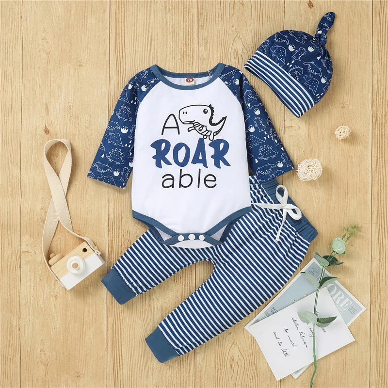 

Autumn Fall Newborn Baby Boys Long Sleeve Romper Trousers Hat Dinosaur Print Horizontal Stripes Clothes Sets