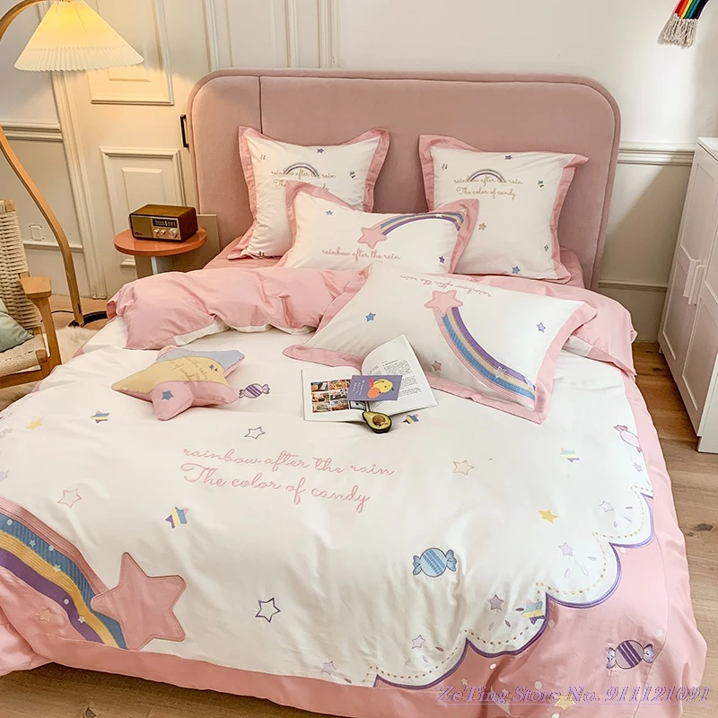 

Girls Style Quilt Cover Cute heart pure cotton 60TC long-staple cotton Bedding Set 4pcs rainbow duvet cover sheet princess style