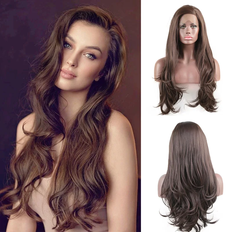 

AIMEYA Dark Brown Long Body Wave Synthetic Lace Front Wig for Women Side Part High Temperature Hair Daily Wear Lace Wigs
