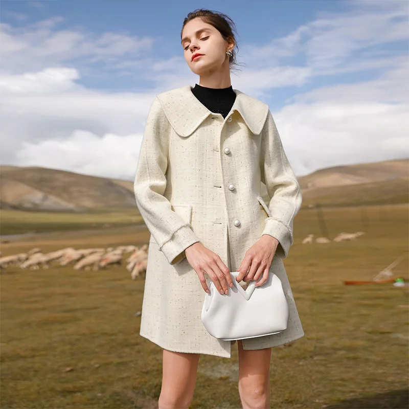 

Double Sided Tweed Women's Medium Length Autumn and Winter 2021 New Temperament Wool Coat Woolen Doll Collar Wool Coat