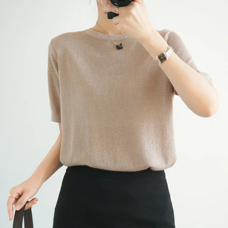 

Summer round neck short-sleeved blouse solid color knitted T-shirt women gray