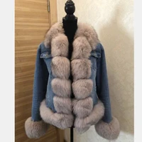 womens real natural fox fur denim jacket parker clothing rabbit fur lining denim jacket warm fashion casual