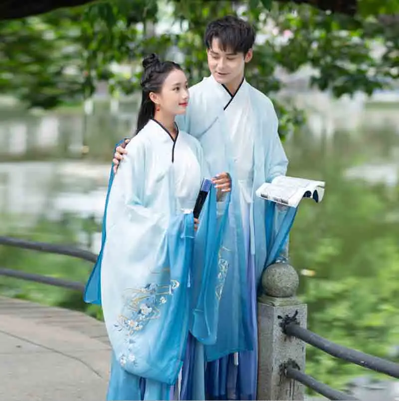 Градиентная синяя Hanfu Мужская/Женская Китайская традиционная одежда взрослые