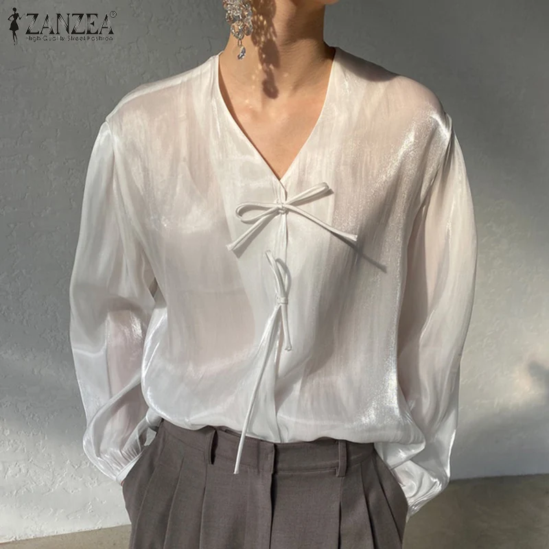 

Элегантная женская блузка 2021, весенние офисные женские бандажные топы ZANZEA, повседневные однотонные женские блузки большого размера с длинн...