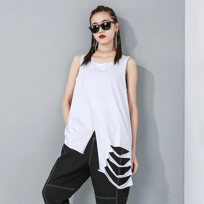 Женская футболка без рукавов LANMREM черный и белый пуловер с круглым вырезом