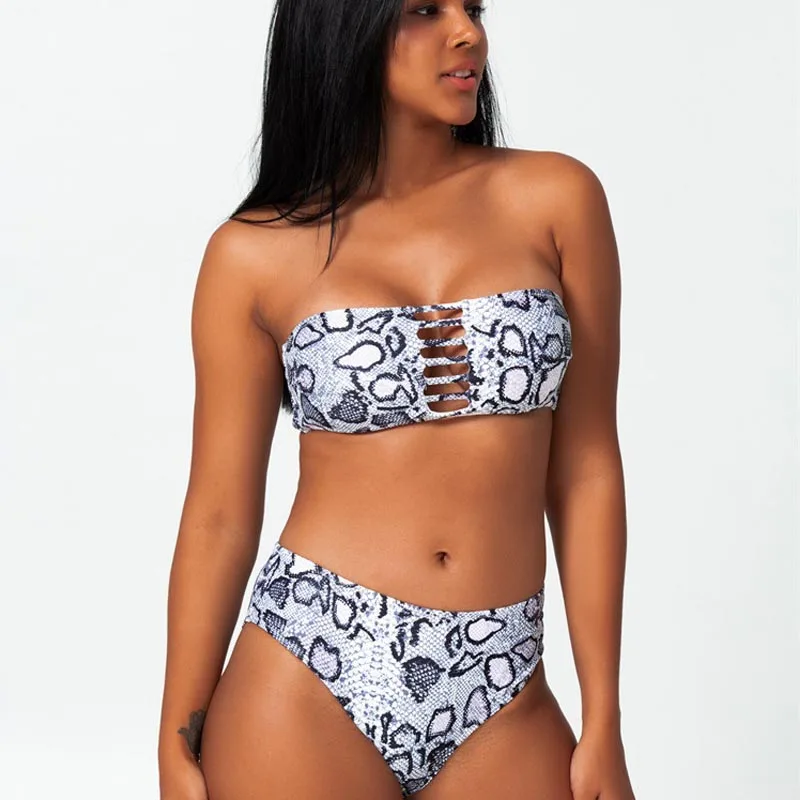 

2021 Snake Skin Off Shoulder Cross Bikini Women Swimwear Female Swimsuit Two-pieces Bikini set Bather Bathing Suit Swim D74