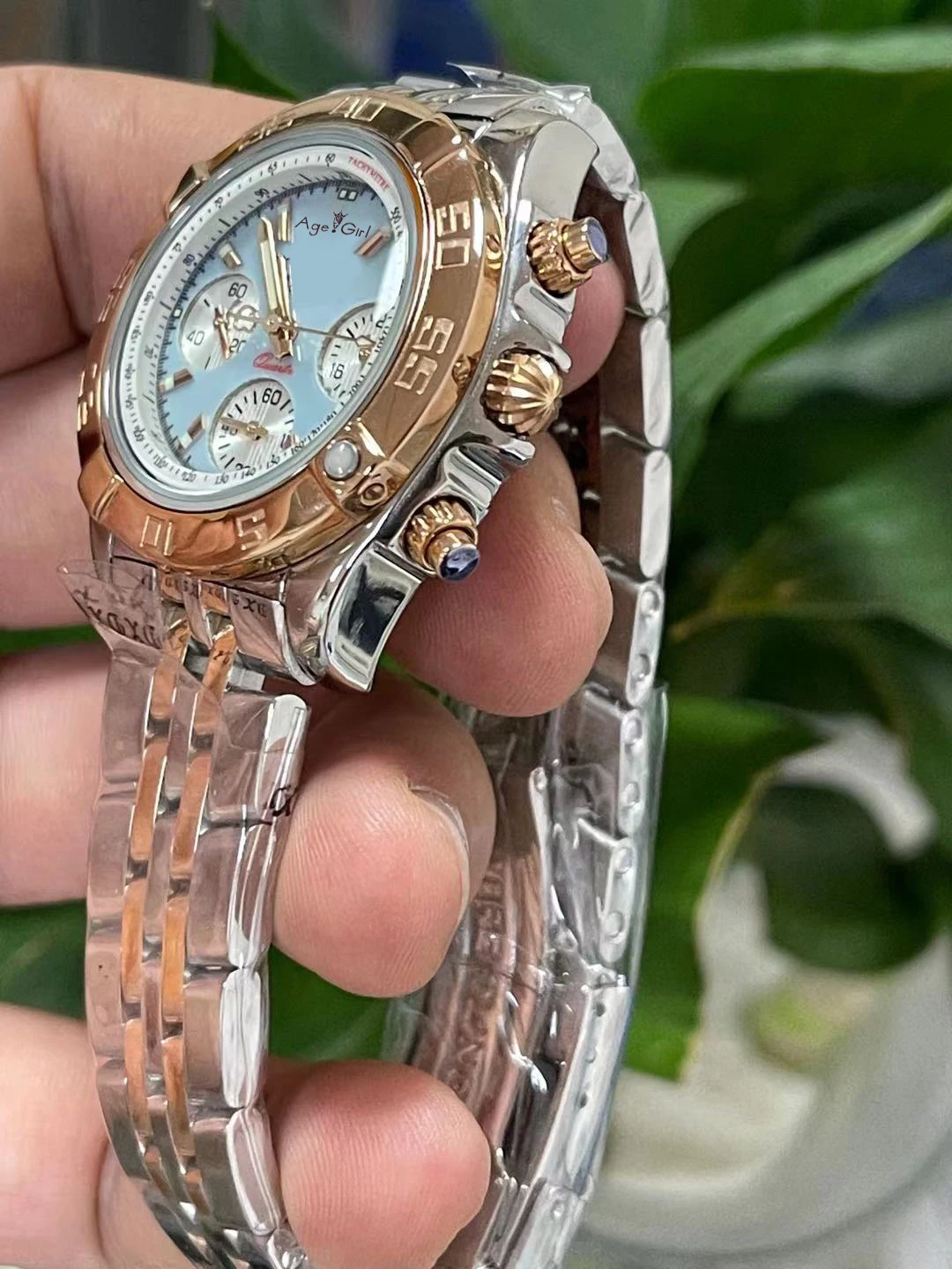 

2021 New Chronograph Lady Women Quartz Chronograph Sapphire Rose Gold Black Stainless Steel Sky Blue Rotatable Bezel Watch 35mm