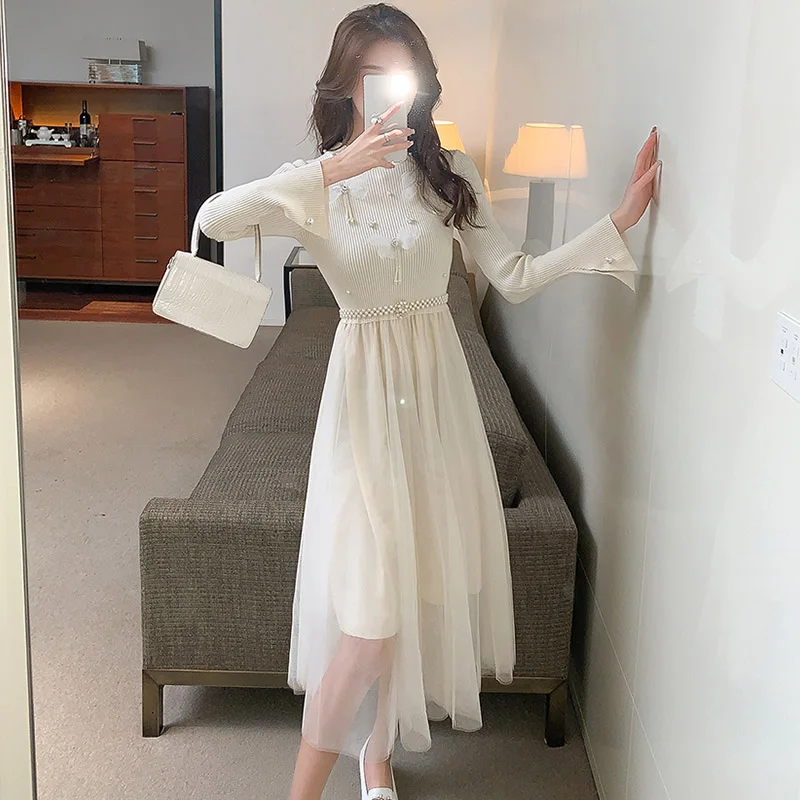 

Женское трикотажное платье, однотонное черное платье составного кроя с длинным рукавом, в Корейском стиле, для офиса, во французском стиле, ...