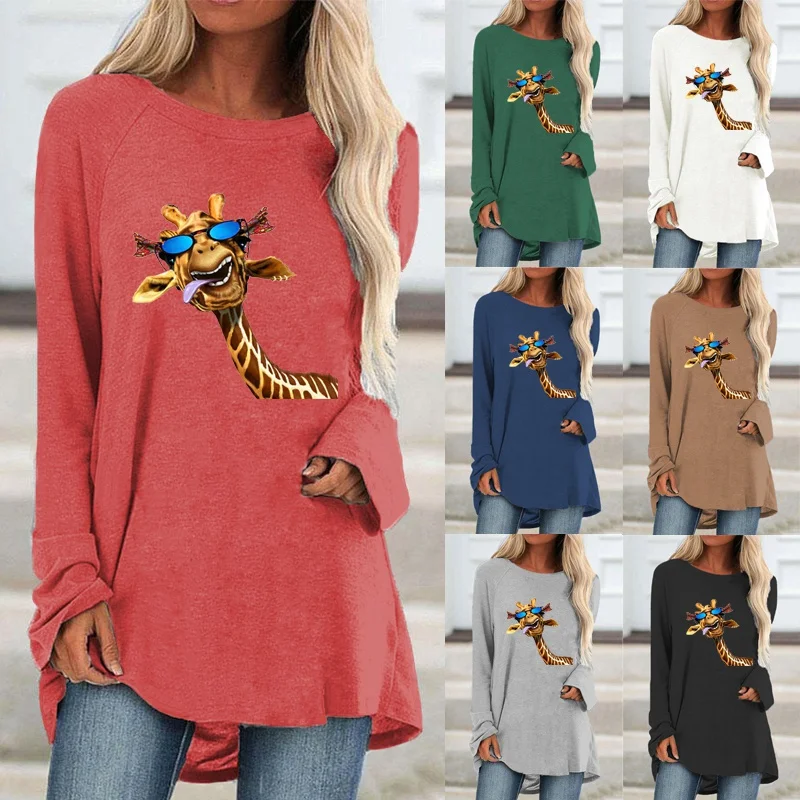 

Женская модная футболка с графическим принтом, осенне-зимняя элегантная Свободная Повседневная рубашка с длинным рукавом и круглым вырезом, большие размеры