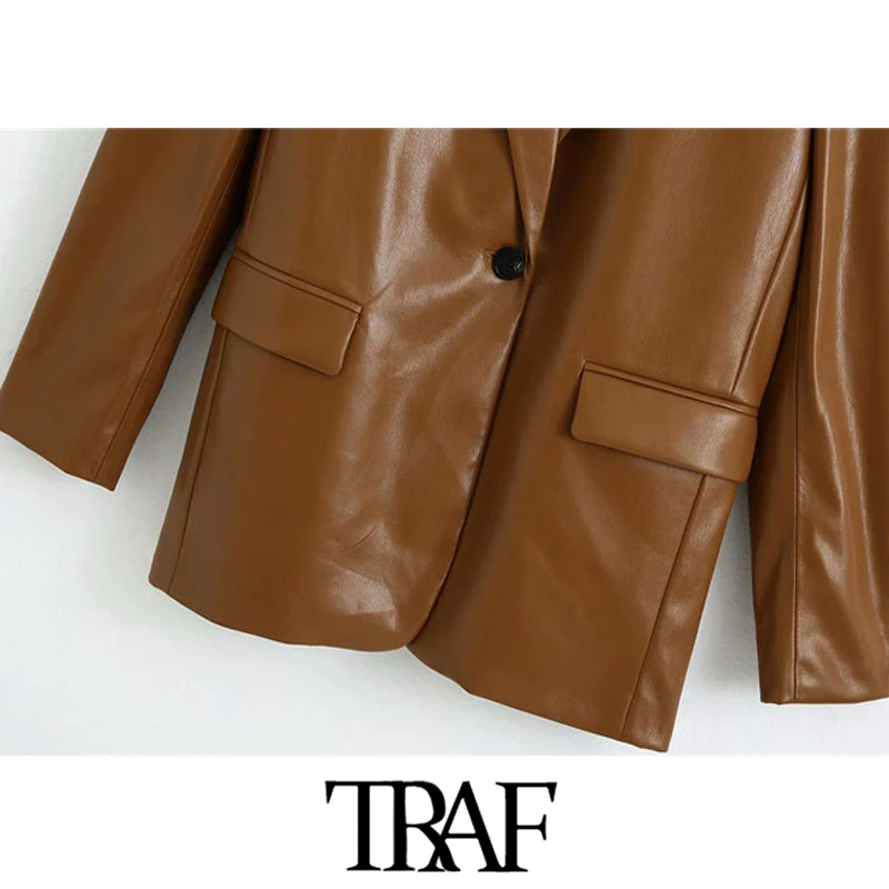 

TRAF Women 2020 Fashion Faux Leather Single Button Blazers Coat Vintage Long Sleeve Pockets Female Outerwear Chic Tops