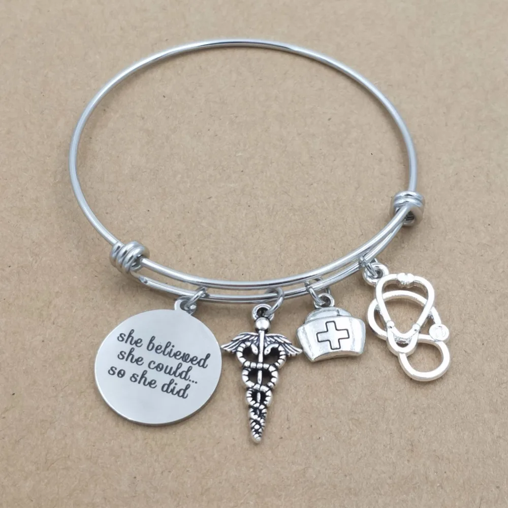 

Fashion Nurse Expandable Wire Adjustable Bangle Gift Idea Caduceus Cap Stethoscope Charms Girls Bracelets