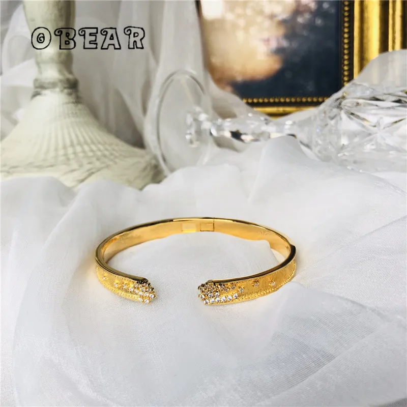 

OBEAR 14k Real Gold Plating French Micro-Inlaid Zircon Open Adjustable Bracelet Women Exquisite Luxury Party Jewelry