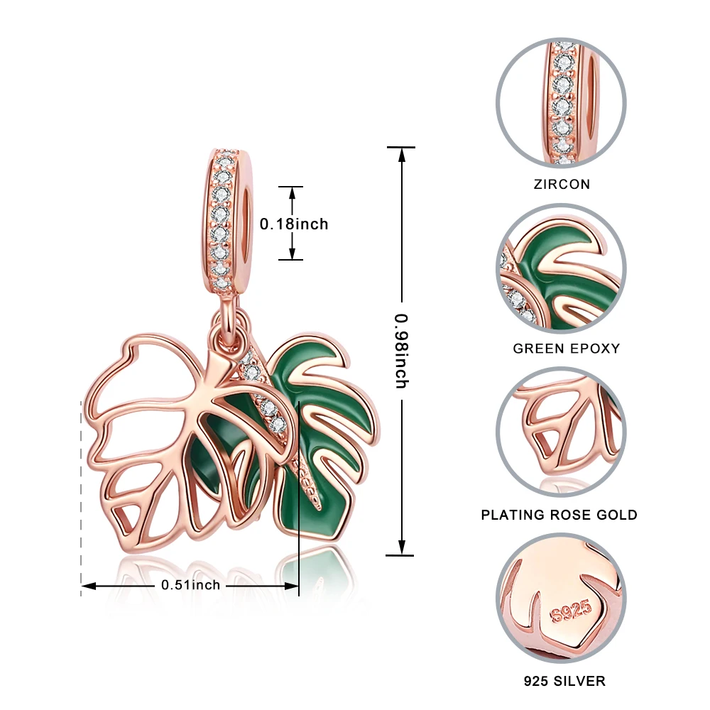 925 серебро монстера бисера зеленый листовой Циркон цвета розового золота завода