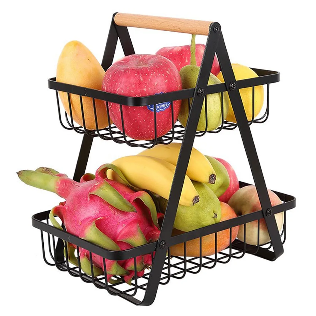 

Double-layer Metal Fruit Basket Portable Kitchen Storage For Fruits Vegetables Home Kitchen Storage Basket Rack Organization