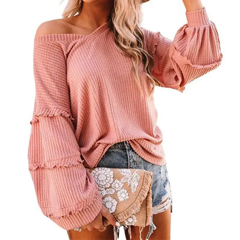 

Sweater Women Autumn/Winter 2021 New Product Fashion Casual Waffle V-Neck Solid Color Ruffled Lantern Sleeve Tops T205