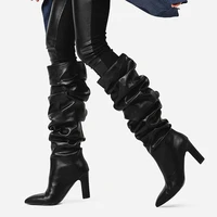 2022 brand fashion knee high boots pleated women boots sexy super high heel long booties ladies pointed toe autumn winter shoes