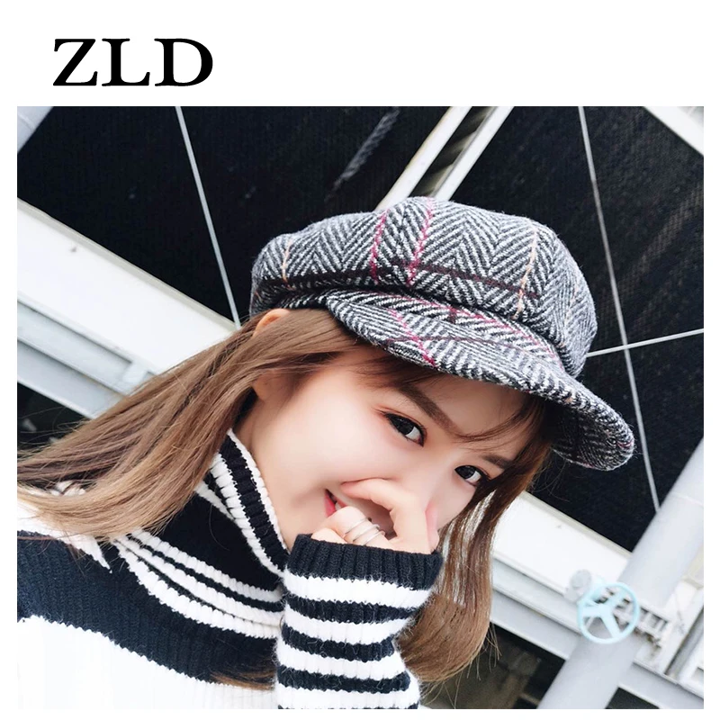 Женская шляпа ZLD осень и зима из хлопка и вискозы с напусками, тёплая берет с утиной клювом, клетчатый рисунок художника в стиле дикой моды.