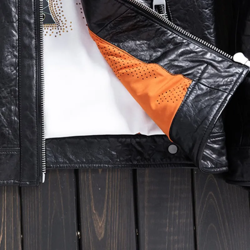 

Quality Mens Oil Top Wax Sheepskin Genuine Leather Jacket Motorcycle Windproof Natural Leather Coat Retro Punk Men Outwear 5XL