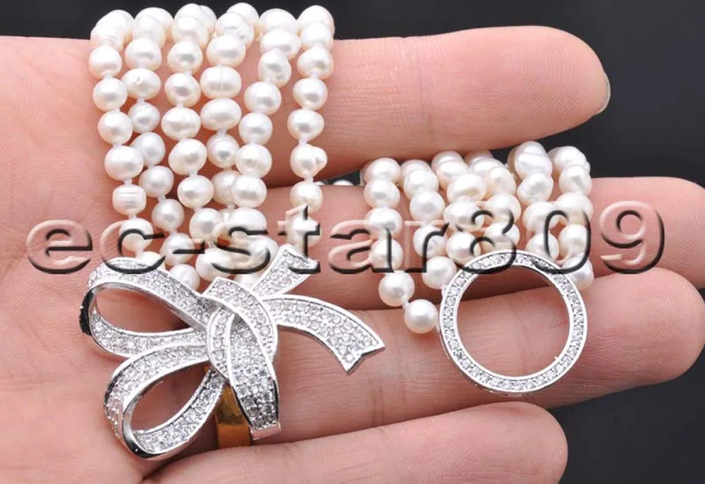 

P5973 6Row 8" 6mm White Round Pearl Bracelet CZ Bowknot Women Fashion Jewelry