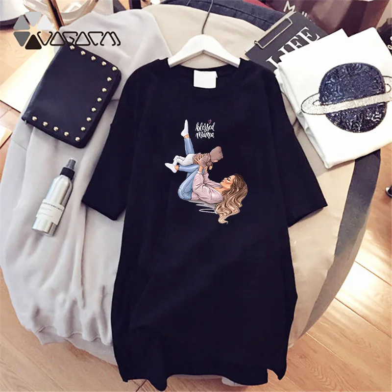 

Sleepwear Women Summer Kawaii Mom&baby Print Loose Night Dress Short Sleeve Harajuku Summer Sleep Tops Black White