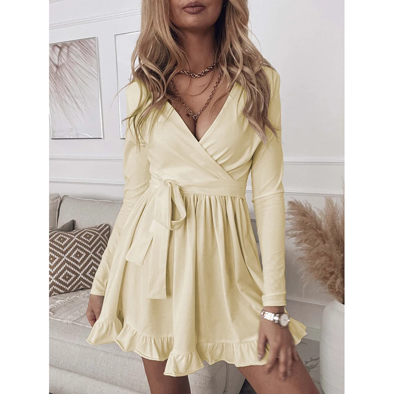 

Autumn Dress Woman Sashes Long Sleeve Dresses for Women 2021 Mini Solid Ruffles V Neck Casual Women Dress Female Robe Femme New