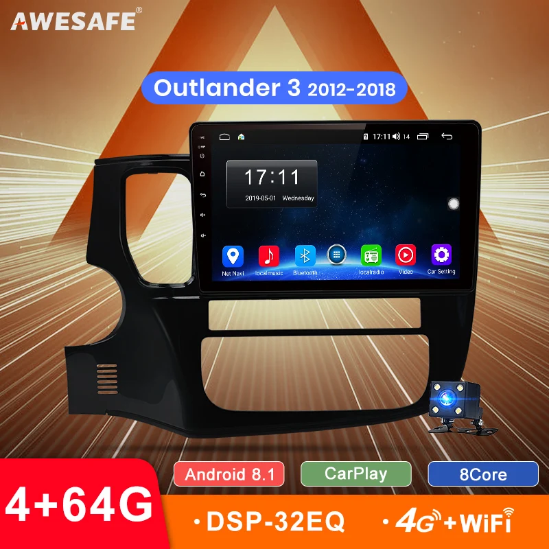 AWESAFE 2Din Android 8,1 4+ 64G CarPlay gps Радио Аудио мультимедийный плеер для Mitsubishi Outlander 3 2012 2 Din без DVD