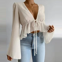 2021 summer casual tee tops women tshirts long flare sleeve solid v neck sexy tees cropped shirts sexy ruffies short shirt tops