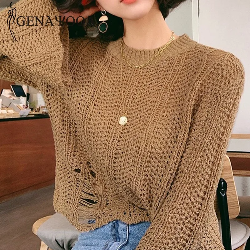 

Genayooa Casual Pullover Sweater Knitted Women Winter 2020 Long Sleeve Hollow Out Sweater Women Short Jumper Ladies Korean Style