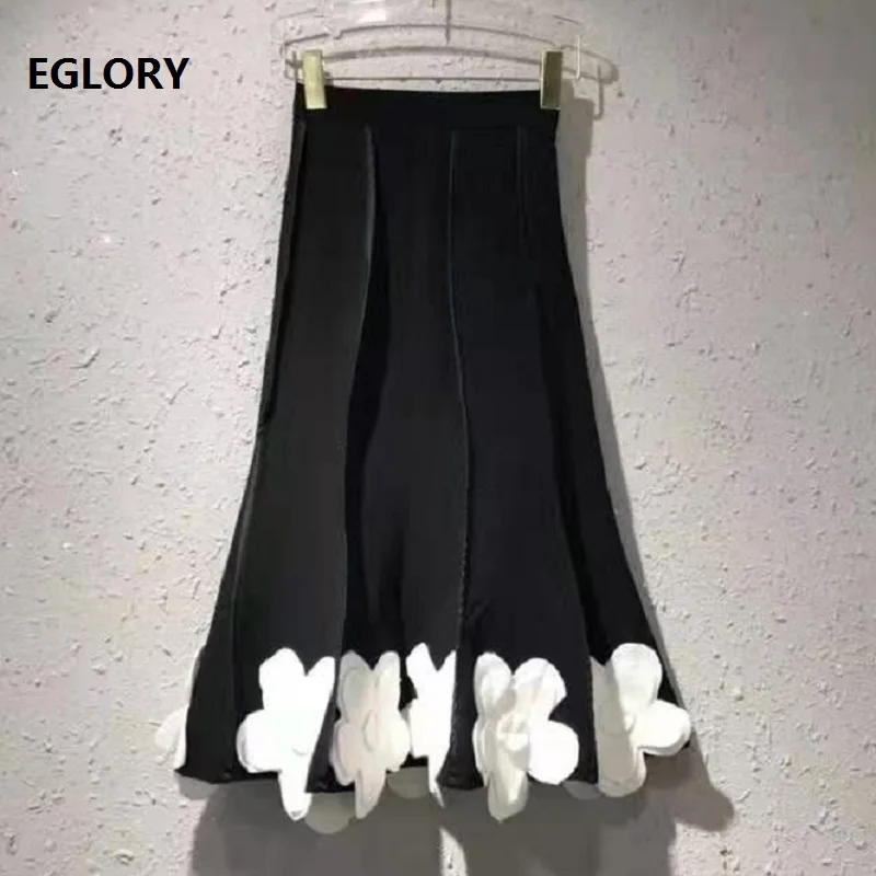 

High Quality Women's Skirt 2021 Spring Summer Skirt Women White Appliques Flower Deco Mid-Calf Length Elegant Black Skirts