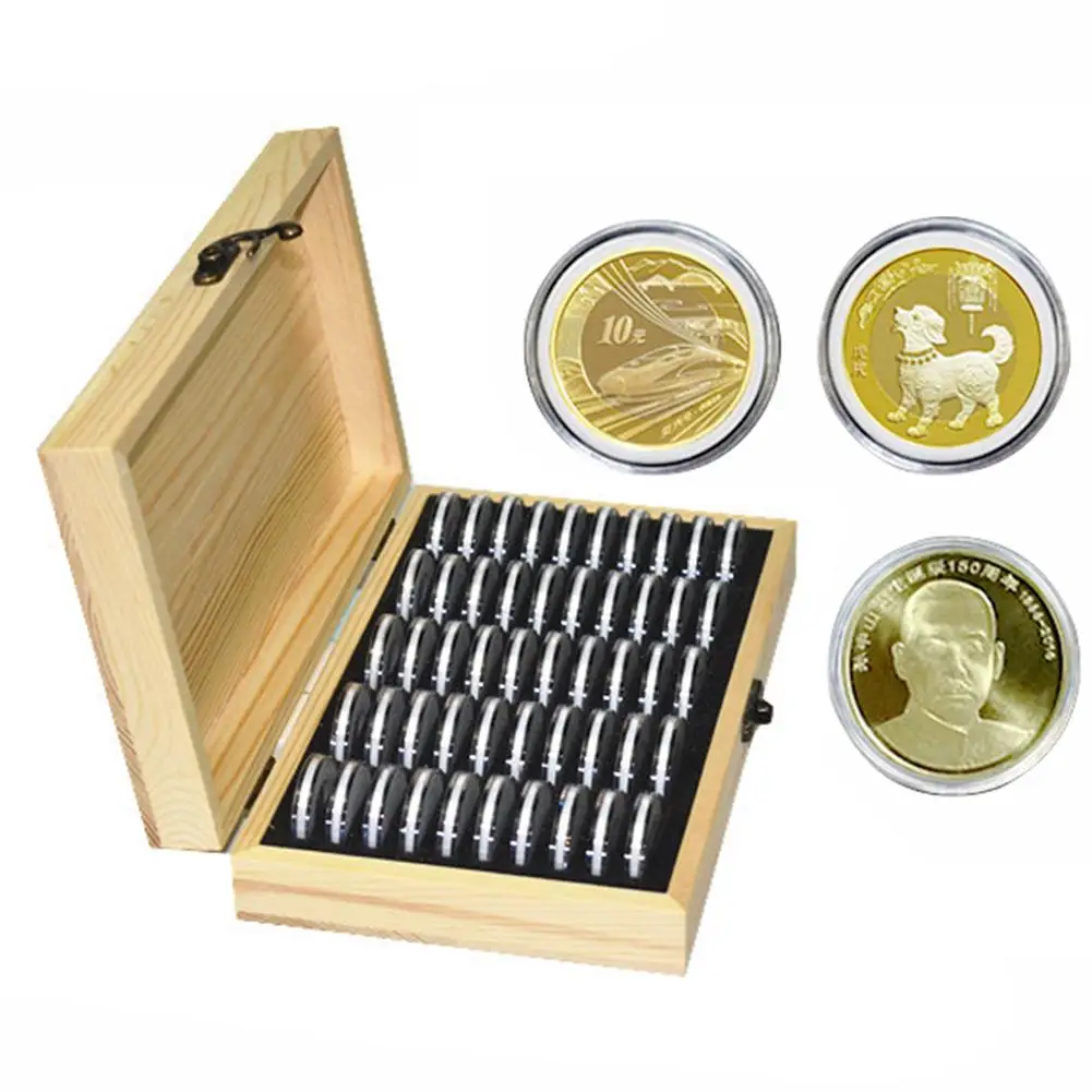 

50 Coin Storage Boxes Round Coin Storage Wooden Box Commemorative Coin Collection Box for Desktop Drawer Organizer