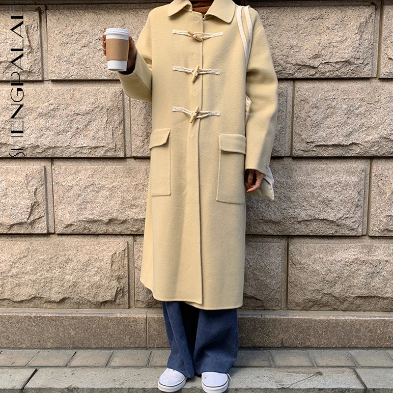

SHENGPALAE Fashion Solid Color Woolen Coat Women's Winter 2021 New Lapel Loose Horn Button Long Sleeve Pocket Overcoat Female