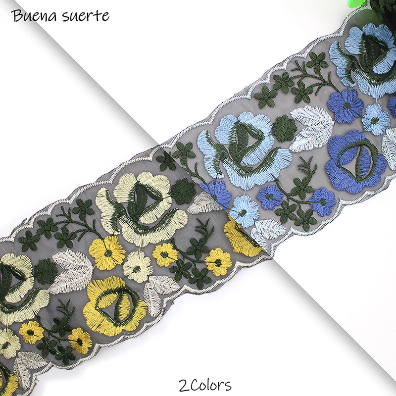 1 ярд Высокое качество желтые синие цветы 3D кружевной отделкой ткани DIY ремесла с