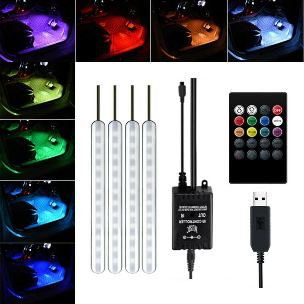 

DC 5V 4 Strip Lights LED SMD5050 Battery Control RGB Colorful Car Interior Truck Footwell Lamp Atmosphere Lights