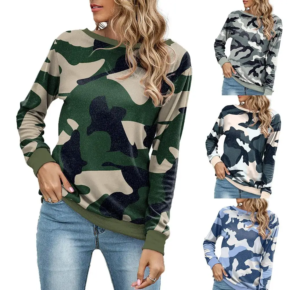 

Women Fashion Leisure Long Sleeve Camouflage Crew Neck Sweatshirt Pullover Blouse Tops