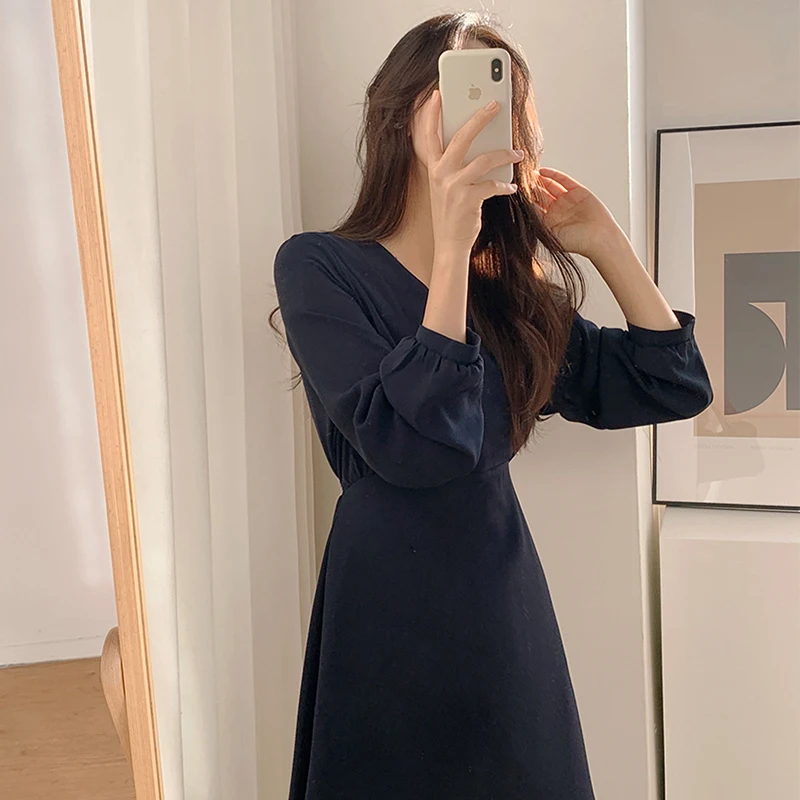 

Piooni Korean Chic Autumn Elegant V-neck Simplicity Versatile Solid Color Waist Tight Slimming Midi Dress for Women