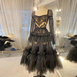 Black Sexy Elegant Prom Dresses Long Sleeves Lace Tulle Tiered A-line Women Long Evneing Party Gowns