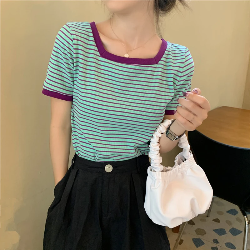 Футболка женская трикотажная с квадратным вырезом повседневная приталенная