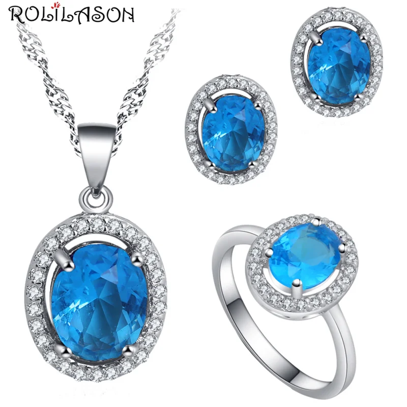 

ROLILASON Blue Small Fresh 925 Silver Zircon Earrings / Necklace / Ring / Jewelry Set Charming Anniversary Gift JS786