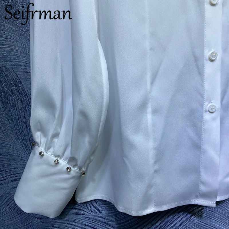 

Seifrmann New 2021 Women Spring Fashion RunwayLoose Shirt Lantern Sleeve Crystal Pockets Printed Ladies Tops Casual Blouses