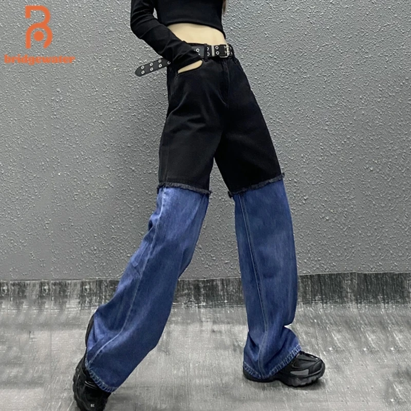 

BRIDGEWATER Streetwear Fashion Jeans Women's Autumn 2021 New High Waist Contrast Color Loose Straight Denim Pants Female Tide