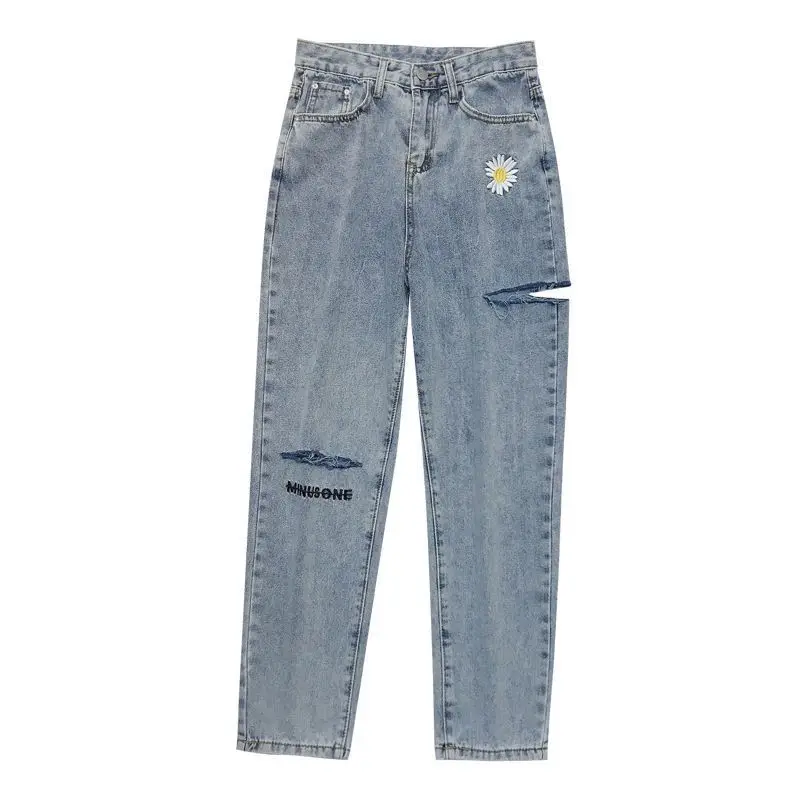 

Autumn new small daisy embroidery high waist jeans Korean straight loose holed harem Capris