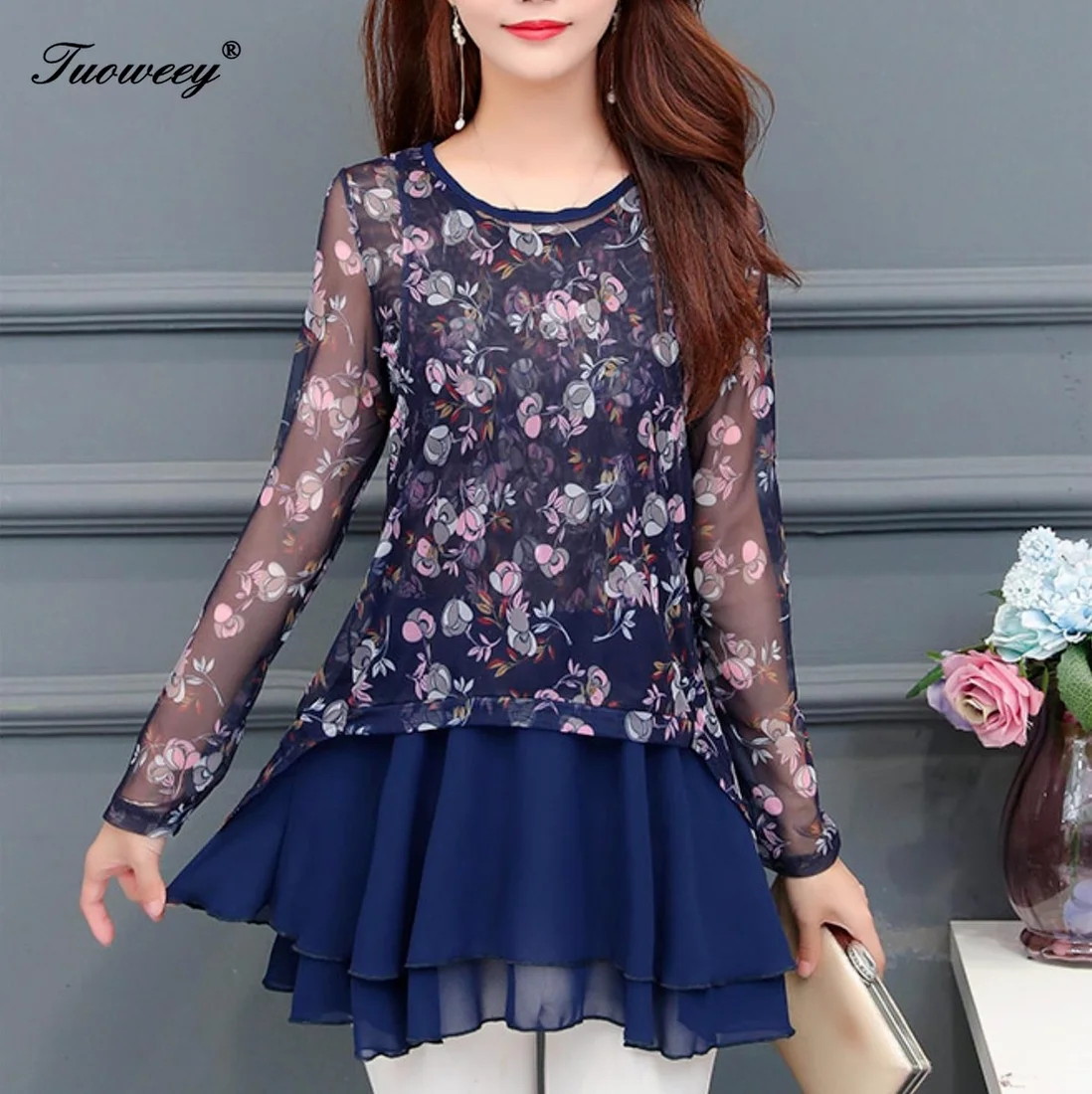 

2021 Spring flower Women's o-neck elegant plus size autumn Mesh Blouse Long Sleeve loose Shining 5XL Shirt Fashion Women Tops