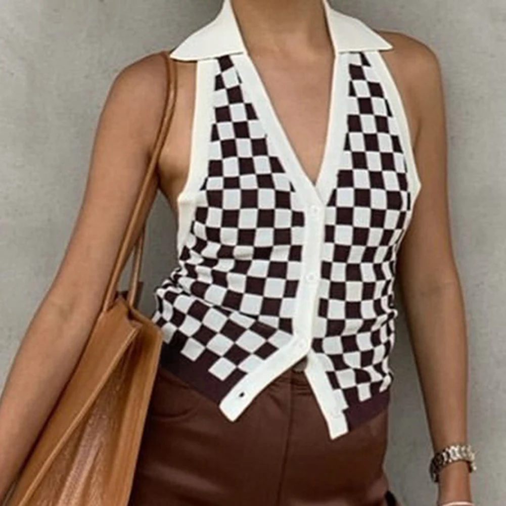 

YiYiMiYu Plaid Print Y2K Knit Halter Tops Vintage Backless Button Up Sexy Camis 2000s Aesthetic Cute Harajuku Brown Clothes