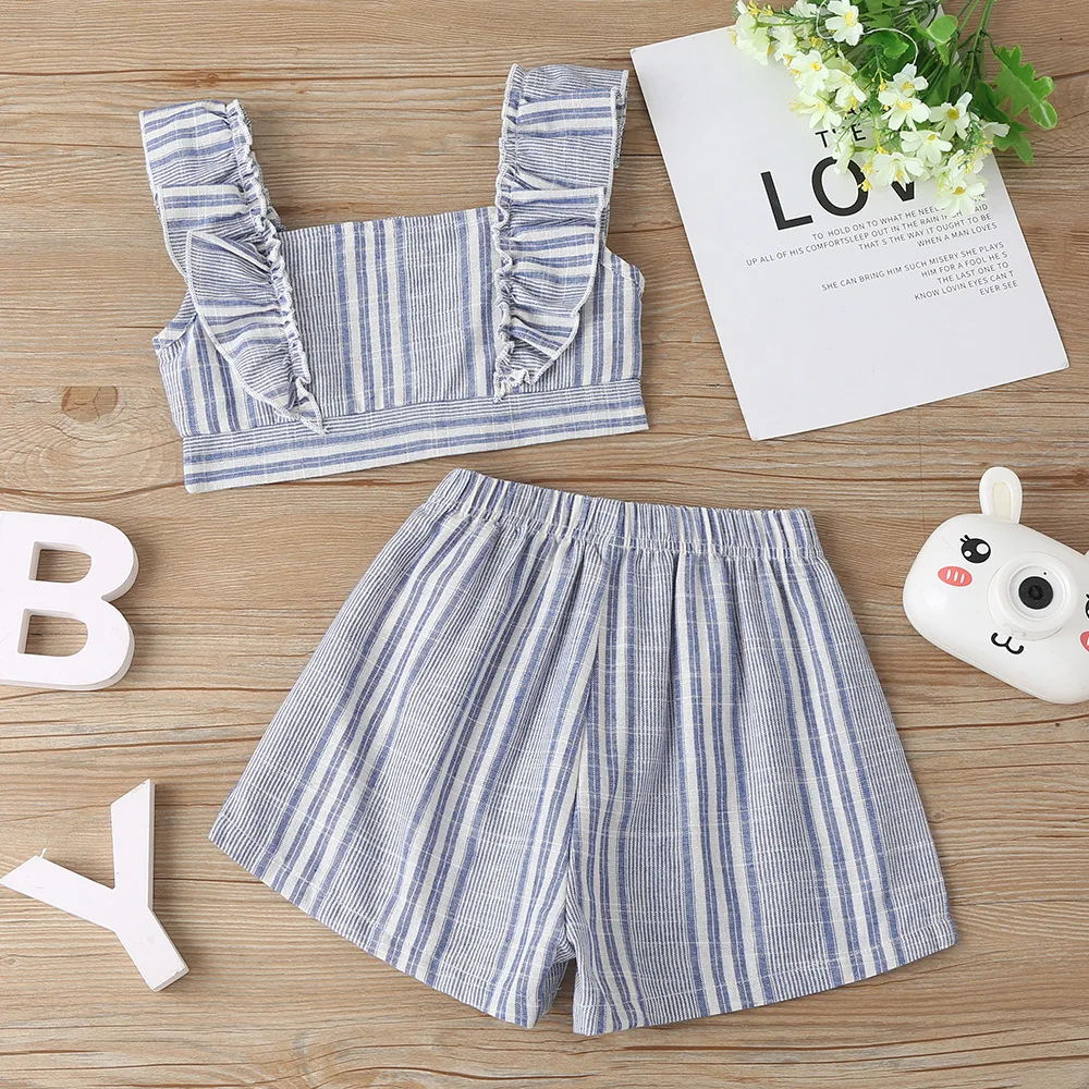 

Toddler Baby Clothes Girls 2Pcs Summer Outfits Sleeveless Ruffle Strap Button Down Crop Tops Shorts Children's Clothing Sets