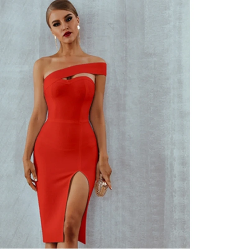 

One Word Collar Slanted Shoulder Solid Color Temperament European American Sexy Evening Dress Bandage Dress Split Fork