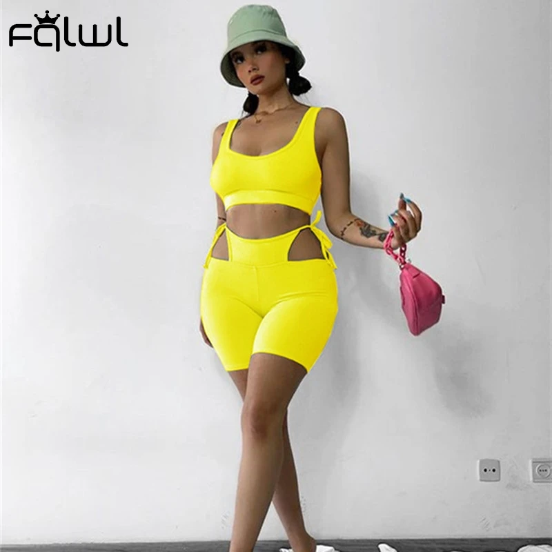

FQLWL Summer Sexy Black 2 Two Piece Sets Women Outfits 2021 SleeveLess Crop Top Hollow Out Shorts Suits Bodycon Matching Sets
